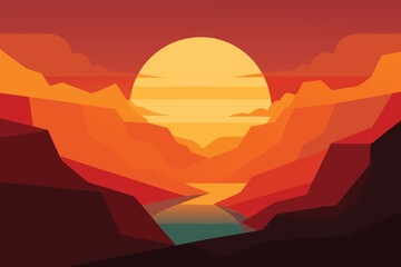 Fototapeta premium Grand canyon sunset landscape with vibrant colors and dramatic cliffs, featuring a scenic view of the river valley and a wild wilderness environment