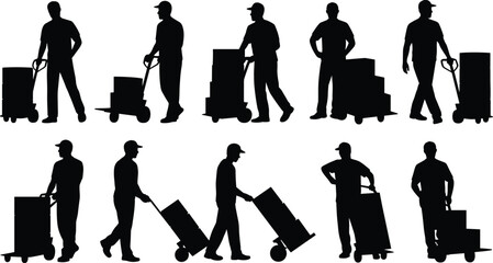 Silhouettes of delivery workers pushing hand trucks with boxes, cargo transportation, logistics service staff, courier job illustration, shipping industry, freight handling, warehouse work icon
