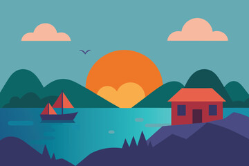 Fototapeta premium A picturesque coastal landscape featuring a house, sailboat, and sunset, evoking a sense of tranquility and wanderlust, ideal for travel themes