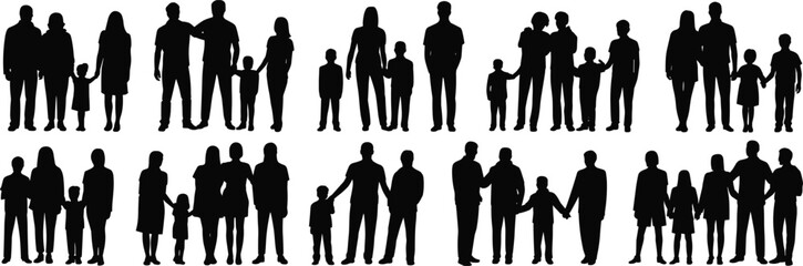 Silhouettes of Families in Various Group Configurations, Black Vector Figures of Adults and Children for Parenting, Community, Social Campaign, and Educational Design Projects