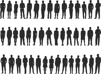 Silhouettes of Female Figures in Various Standing Poses, Black Vector Art Illustration, Elegant Woman Profile Collection for Fashion Design, Branding, and Visual Content Creation