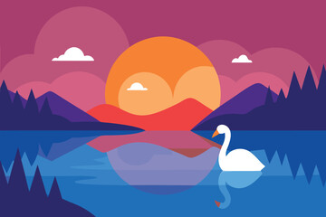 A serene sunset over a tranquil lake with a swan swimming peacefully, creating a beautiful and romantic landscape with mountains in the background