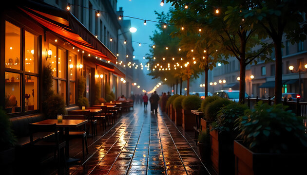 Rainy night, outdoor cafe, city alley, string lights, romantic ambiance, website banner, Rainy Night at Urban Outdoor Cafe with String Lights, created with generative ai