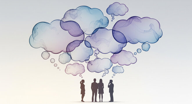 Abstract thought bubbles above human silhouettes