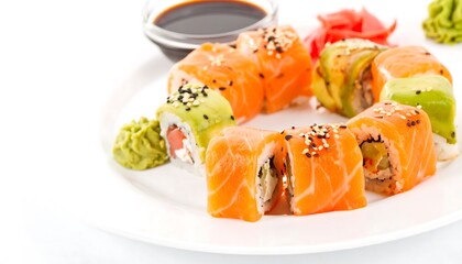 Fresh Salmon Sushi Rolls with Avocado, Wasabi, and Pickled Ginger on White Plate.