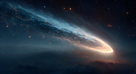 A close-up of a comet streaking through space, its icy tail illuminated by starlight