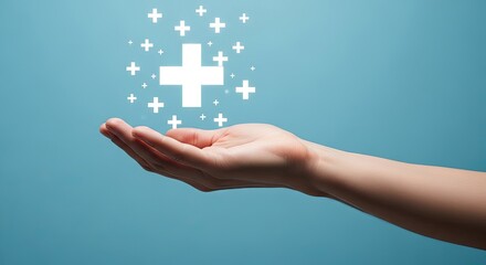Open hand holding white plus symbols against blue background open palm white plus signs