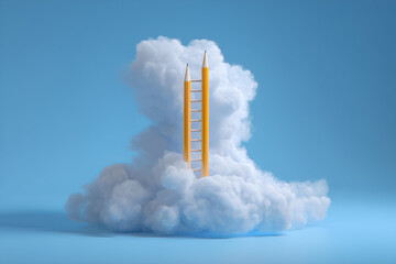 Creative concept of yellow pencils ascending through fluffy clouds against a blue background, symbolizing inspiration and creativity in art and education
