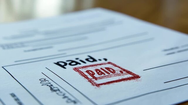A detailed view of a stamp marking a document as paid, showcasing financial confirmation. The warm tones of the workspace create a sense of closure and satisfaction.