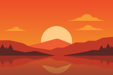 A serene sunset landscape with mountains reflected in a calm lake, creating a peaceful and scenic view with an orange sky and silhouettes