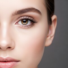 Close-up of young caucasian female with flawless skin and natural makeup