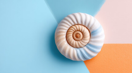 A beautifully arranged shell sits atop a vibrant, multi-colored background, showcasing intricate details and smooth textures.
