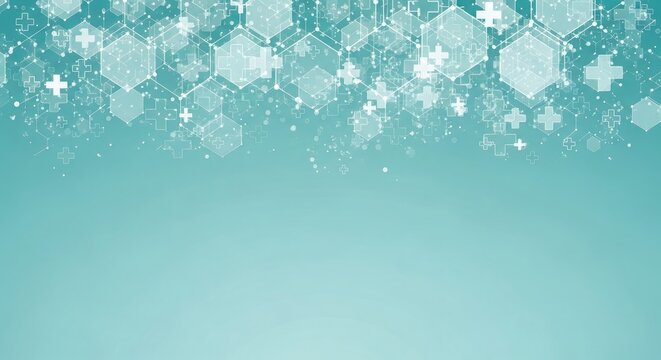 Geometric medical network with white crosses and hexagons healthcare technology