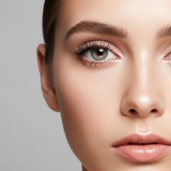 Close-up of young caucasian female with smooth skin and striking eyes