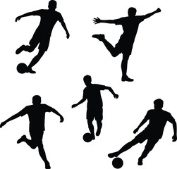 Soccer player silhouette action, football kick, dribbling ball, athletic man, sports activity, soccer moves, isolated white background, dynamic poses