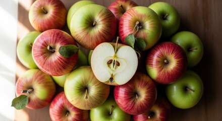 Fresh red and green apples with sliced apple showing seed