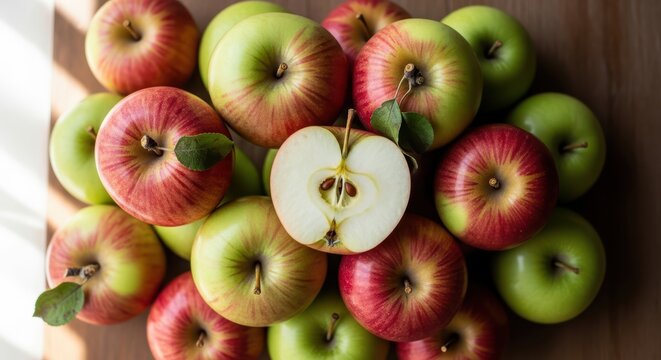 Fresh red and green apples with sliced apple showing seed