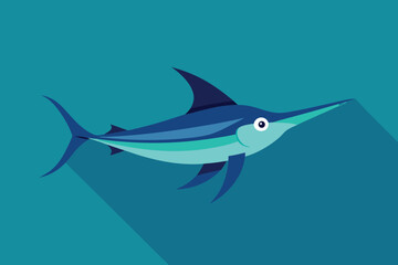 Obraz premium A sleek swordfish with a long shadow, isolated on a turquoise background, showcasing the beauty of marine wildlife in a flat style