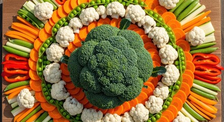 Colorful vegetable arrangement with broccoli, carrots, peppers, and cauliflower