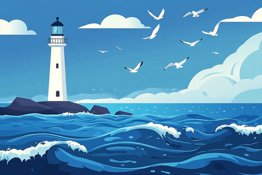 Seascape illustration featuring a lighthouse waves seagulls and cloudy sky creating a serene