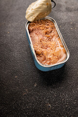 Tuna canned fish seafood tasty snack fresh delicious gourmet food background on the table rustic food top view copy space pescetarian diet