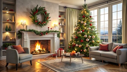 Cozy living room decorated for christmas with a glowing fireplace, a decorated tree, and festive garlands