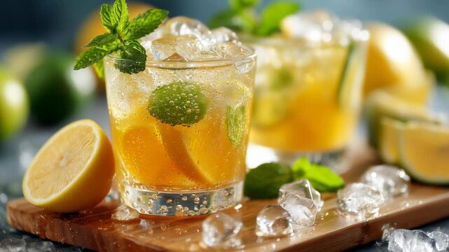 A glass of lemonade with ice cubes and mint leaves. The drink is served on a wooden table with a few lemons and limes on the table