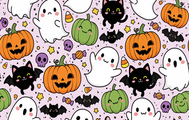 Halloween seamless pattern with ghosts, black bats, pumpkins on a purple background. best for Wrapping Paper or printing purpose.