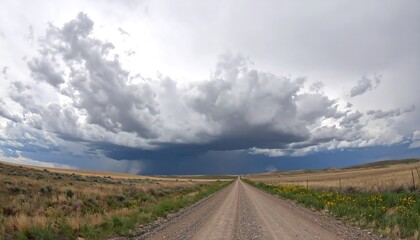 A wide, gravel road stretches into a vast, open landscape beneath a dramatic, storm-laden sky.