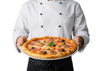 Chef presenting a delicious pizza on a plate, ready to be served - a culinary delight PNG