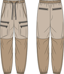 Technical flat sketch of cargo jogger pants, fashion vector illustration, front and back view, detailed design, casual sportswear apparel template, CAD drawing layout