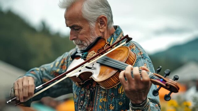 A talented fiddler captivates the audience with soulful tunes during a lively celebration. Lush mountains and bright flowers create a picturesque backdrop as people enjoy the festive atmosphere.