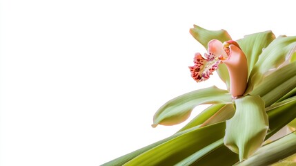 Obraz premium Vibrant orchid bloom showcasing delicate petals and lush greenery in indoor setting