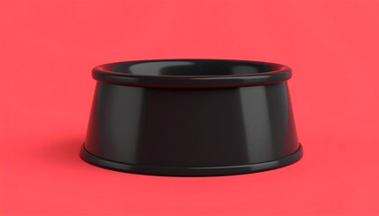 A glossy, matte black pet bowl, presented against a vibrant red background, showcasing a simple, modern design.