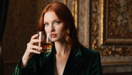 A redhead woman in a green velvet jacket holding a whiskey glass is depicted elegantly in a luxurious interior