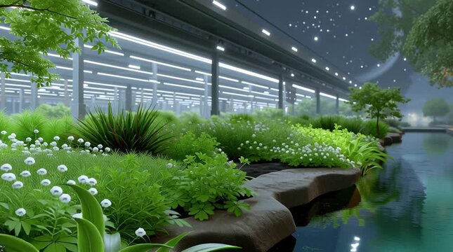 Lush greenery and tranquil water flow harmonize in a serene night garden scene, showcasing vibrant plants and reflective surfaces under a starry sky atmosphere
