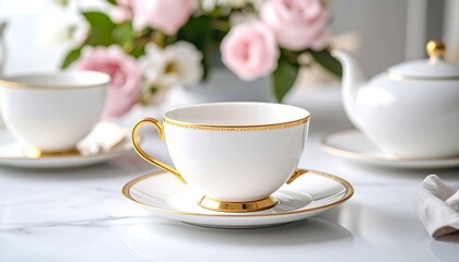Elegant Afternoon Tea Setting with White and Gold Porcelain Cups and Teapot
