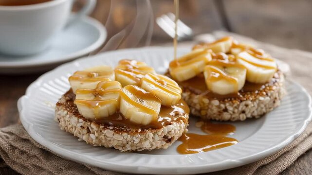 Two banana pancakes with syrup on a white plate. The plate is on a table with a cup of tea