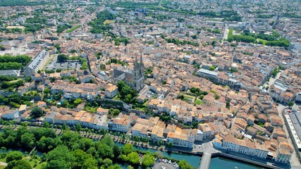 Aerial panorama view around the old town in the city Niort in France, on a sunny summer noon