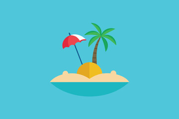 Fototapeta premium A serene tropical island with a palm tree and umbrella on a sunny day, perfect for a summer vacation getaway in a paradise destination