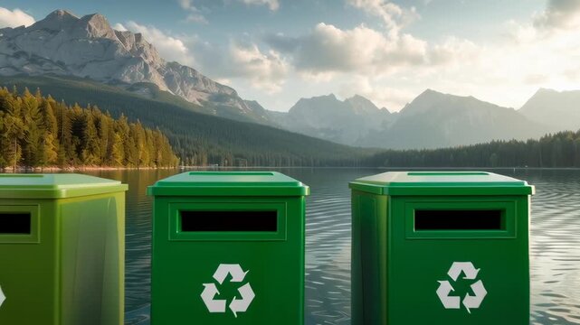 Three green recycling bins are on a wooden pier next to a lake. The bins are labeled for different types of waste, such as paper, plastic, and glass. Concept of environmental responsibility