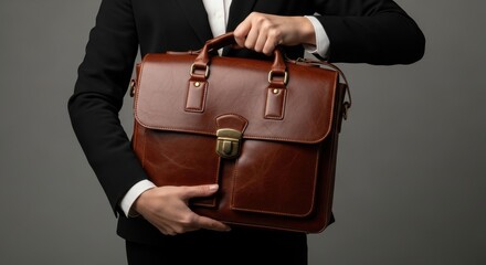 Male adult in black suit holding brown leather briefcase