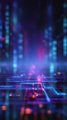 Fototapeta premium Futuristic cityscape, glowing neon lines, digital network