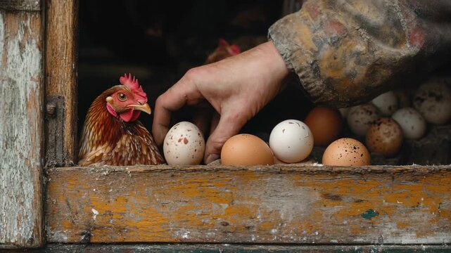 In a charming countryside setting, a hand gently reaches for freshly laid eggs as chickens cluck nearby. The atmosphere is warm and inviting, filled with the essence of farm life.