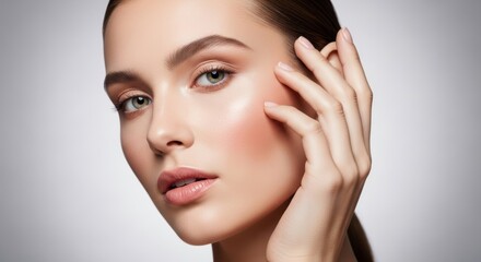 Young caucasian female with natural makeup touching face in skincare concept
