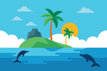 Obraz premium A vibrant tropical island scene featuring palm trees, dolphins swimming in the ocean, and fluffy clouds in the sky, perfect for vacation vibes