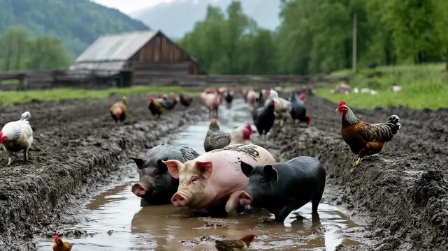 A lively farm scene unfolds with playful pigs wallowing in a muddy puddle while chickens roam freely nearby. Lush greenery and a quaint barn complete the picturesque setting.