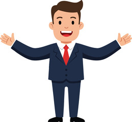 Businessman in navy blue suit with red tie smiling with open arms vector illustration 