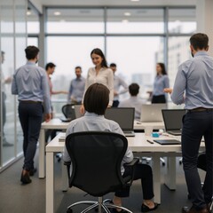 Modern office space bustles with blurred figures of busy professionals