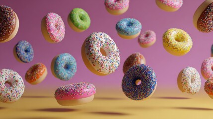 Donut collision balls fall on pink, sugary swirls in motion, playful chaos with sweet, colorful bounce.